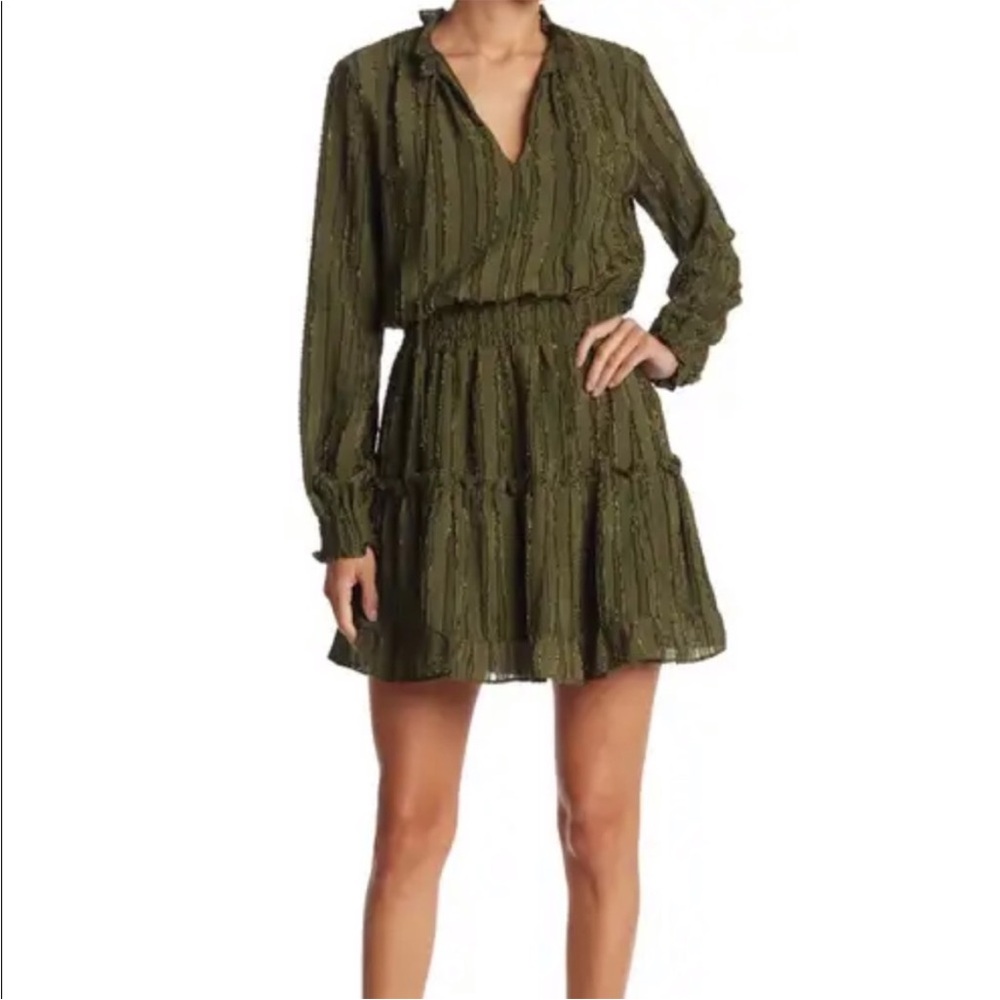 NSR Olive Green Ruffle Tiered Long Sleeve Mini Dress Medium M Textured Blouson